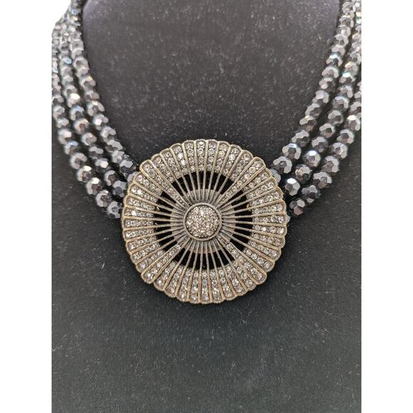 HEIDI DAUS "Belgian Disc" Crystal 3-Row Beaded Necklace Black 20" Adjustable - Picture 2 of 8